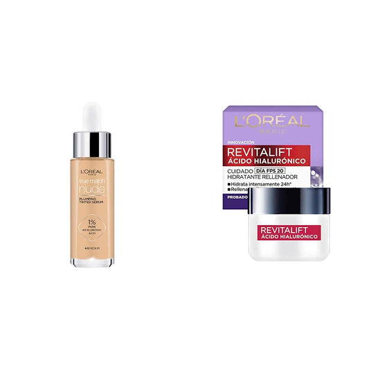 L'Oréal Paris Serum rellenador con color y ácido hialurónico, True Match, Tono 4-5 Medium + Crema hidratante anti-líneas de expresion Revitalift Ácido Hialurónico Día de L'Oréal Paris, 50 ml
