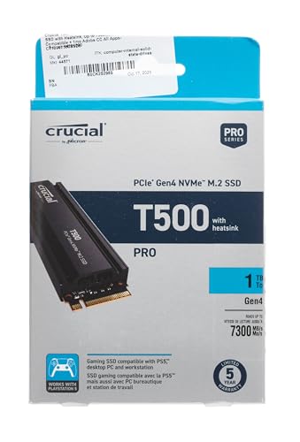 Crucial T500 1TB Gen4 NVMe M.2 SSD Interno para Juegos con disipador de Calor, hasta 7300 MB/s, Compatible con PlayStation 5 + 1mo Adobe CC Todas Las Aplicaciones - CT1000T500SSD5