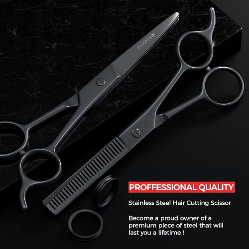 Suvorna Juego de tijeras de corte de pelo de 6,5 pulgadas con tijeras de adelgazamiento para peluqueros, peluqueros y uso doméstico - Juego de tijeras de pelo para adelgazar y cortar (negro)