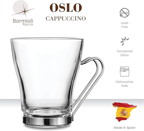 Bormioli Rocco Oslo - Vasos de vidrio para Cappuccino, juego de 4 | Vidrio templado, manijas ergonómicas de acero inoxidable, aptas para lavavajillas | Para bebidas de café, bebidas, Latte, Macchiato, Espresso, Mocha y más