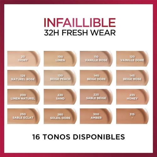 L´Oréal Paris base de maquillaje de alta cobertura luminosa y larga duración de alta cobertura, Infallible 32h Freshwear Tono 120 Golden Vainilla, 30ml