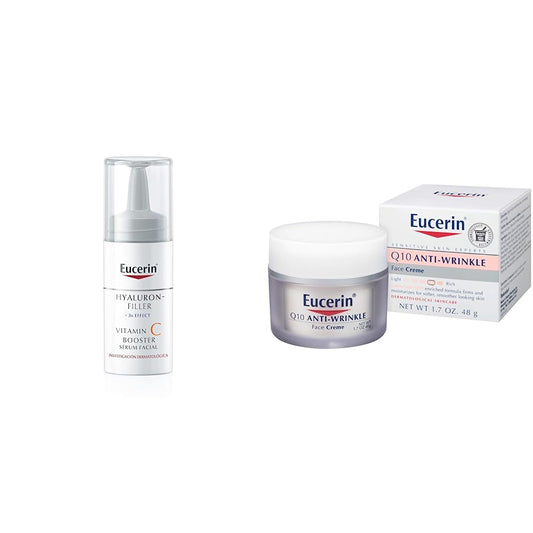 Eucerin Sérum facial Vitamin C y Ácido Hialurónico,Hyaluron Filler,8ml + Crema facial antiarrugas Q10, tarro de 1.7 onzas