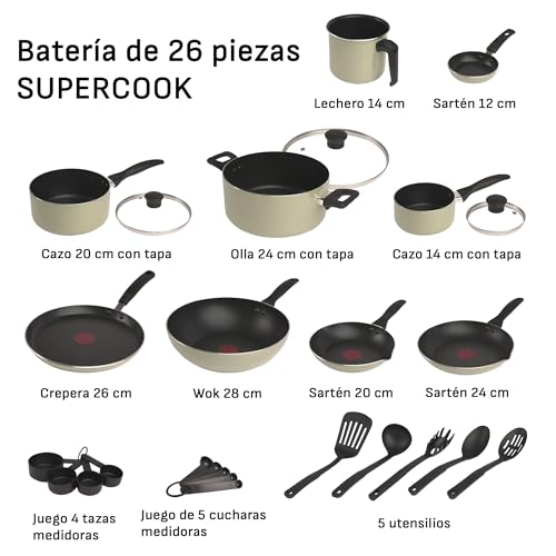 Batería de Cocina T-fal Verde Lichen con Antiadherente Titanium y Tecnología Thermo Señal de 26 Piezas