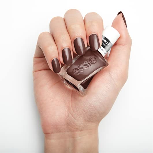Essie gel couture long-lasting nail polish, pattern play collection, brown longwear nail polish with purple and blue undertone, all checked out, 0.46 fl oz