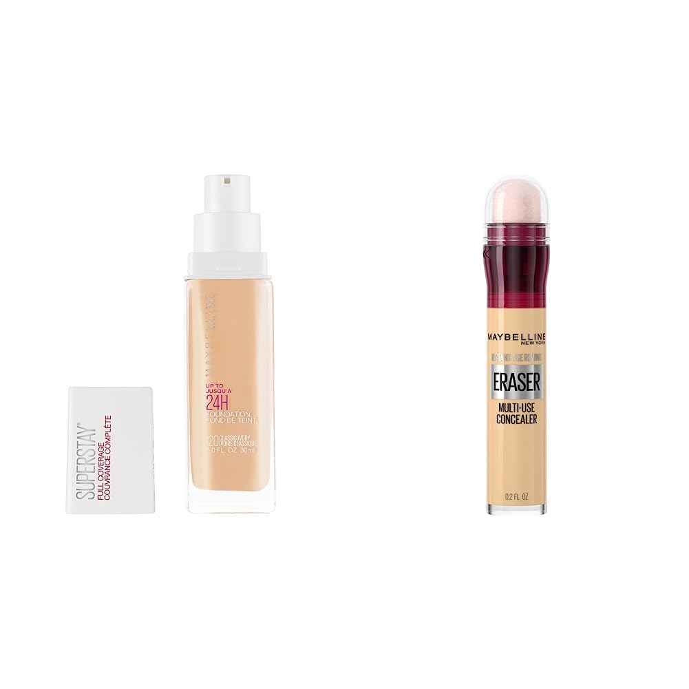 Maybelline Base de Maquillaje Superstay, Full Coverage, 120 Natural Ivory, 30 ml + Corrector de Maquillaje Instant Age Rewind, Neutralizer, 6 ml