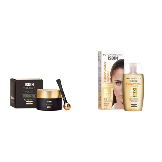 ISDIN Isdinceutics vital eyes, crema contorno de ojos antiarrugas, con melatonina y cafeina, 15 ml + Fusion Water Urban SPF 30, Protector Solar Facial, 50ml