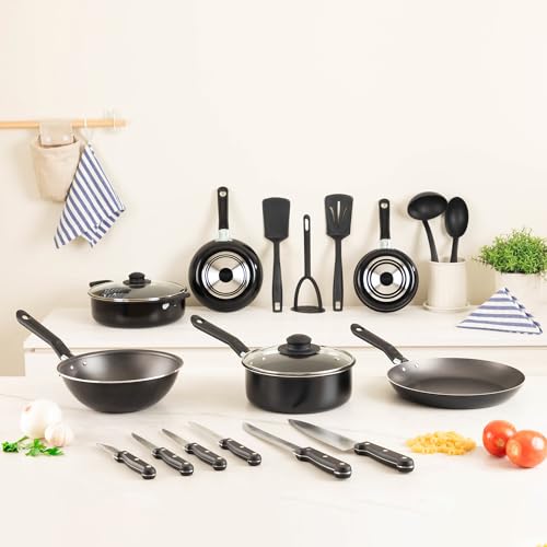 Batería de Cocina Ekco Negro con Antiadherente Serum 19 Piezas de Aluminio