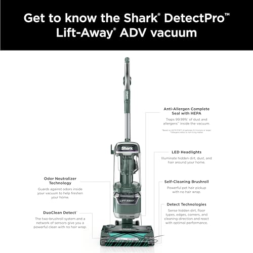 Shark Detect Pro Lift-Away ADV Aspiradora Vertical sin Bolsa con DuoClean Detect, Filtro HEPA, antialérgenos, Potente succión y tecnología neutralizadora de olores, Evergreen, LA802