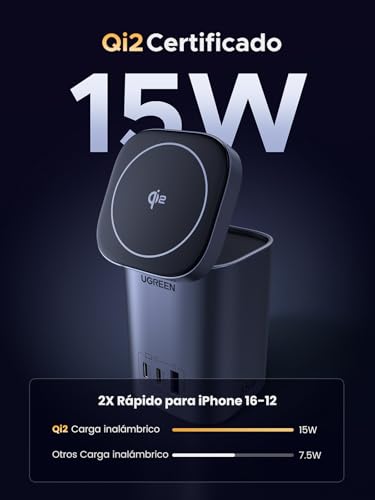 UGREEN 15W Qi2 Certified Cargador Inalámbrico, 65W Cargador USB C GAN,4 En 1 Estación de Carga Magnética Compatible con MacBook Pro/Air M4,iPhone 16/15/14 Pro MAX,iPad,DELL XPS,Galaxy S25, Steam Deck