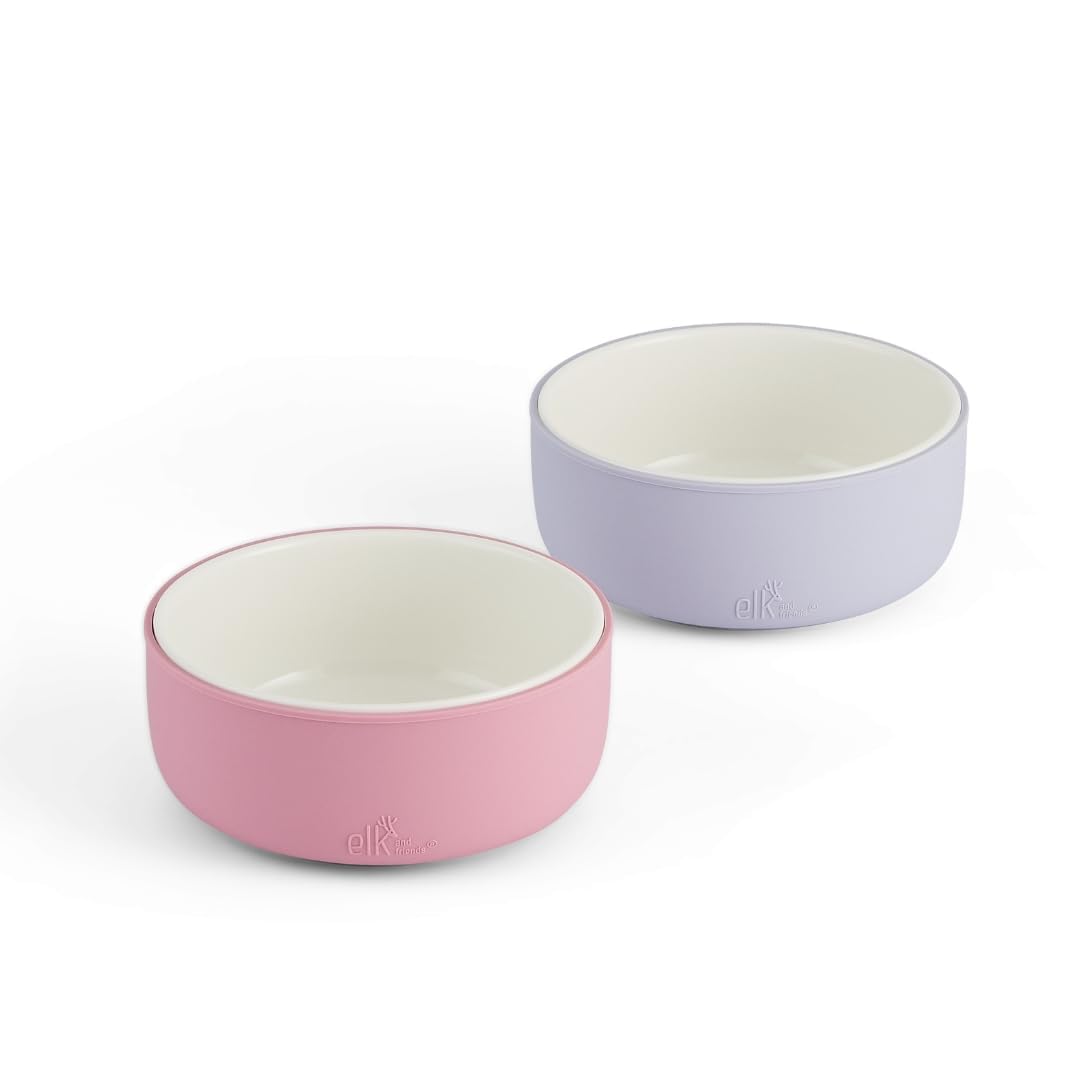 Elk and Friends Cuencos de porcelana para niños con manga de silicona | Alimentación para niños/bebés/pequeños | Apto para microondas y lavavajillas | Antideslizante | Platos y vajilla para cereales