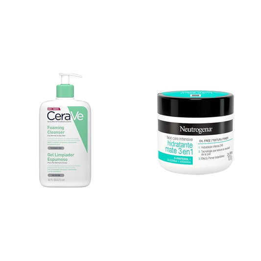 CeraVe Gel Limpiador Espumoso Libre de Fragancia para Piel Normal o Grasa, 1 x 473 ml + Neutrogena Crema Hidratante Facial Mate 3 en 1 Face Care Intensive D Pantenol 100g