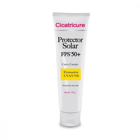 CICATRICURE - Protector Solar FPS 50 y Pantalla Solar. Crema con acción humectante e hidratante con protección UVA/UVB, para uso en cara y cuerpo, presentación con 125g