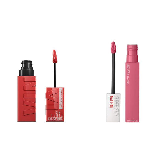 Labial líquido brillante Maybelline Super Stay Vinyl Ink Peachy + Labial Liquido Matte Larga Duracion Superstay City Edition, 125 Inspirer