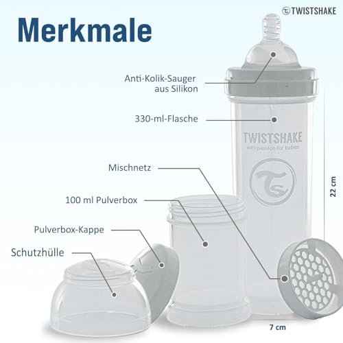 Biberón Anticólicos Twistshake Blanco de 330 ml con Tetina de Silicona Similar al Pecho para Lactancia Normal