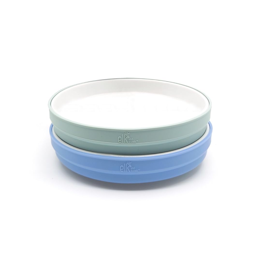 Elk and Friends Kids - Platos blancos de porcelana de 7.8 pulgadas con mangas de silicona, adecuados para bebés/niños pequeños, aptos para microondas y lavaplatos, vajilla antideslizante, platos de