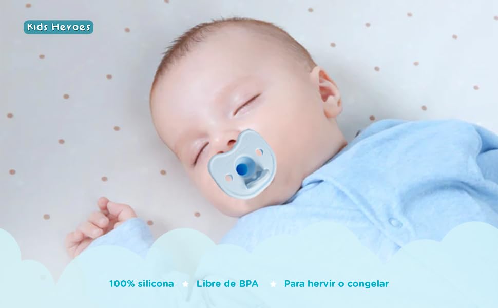 Kids Heroes Chupones para Bebe 0 a 3 Meses de Una Sola Pieza de Silicona, Chupones Ortodonticos 0-3 meses Libre de BPA, Paquete de 2 (Azul Celeste)