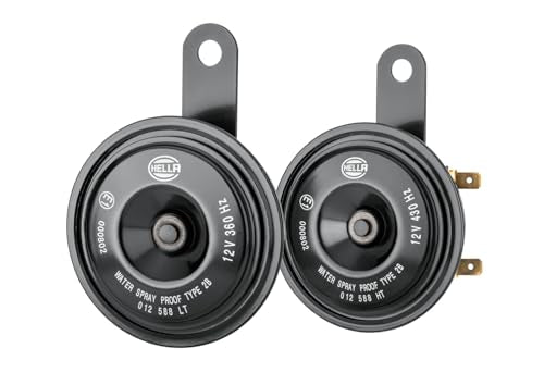 HELLA Set de 2 Bocinas de Claxon negro 012588151. Voltaje de 12V. Frecuencia de Sonido Potente de 360/430Hz, incluye soporte montado. En caja con Instructivo gráfico.