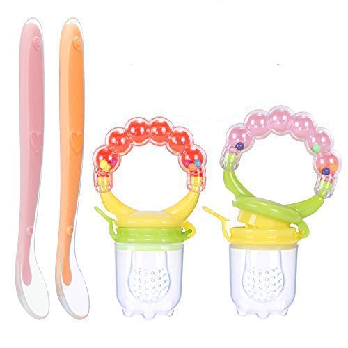 HomeChi Contenedor para alimentar al bebé, accesorio para alimentación de bebé, exprimidor de alimentos para bebés, chupete de fruta fresca, Chupon mordedera y 2 piezas de cucharas