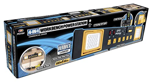 Performance Tool W2279 Central eléctrica de Grado Comercial con 6 tomacorrientes, 2 Puertos USB, Cuna integrada y Luces LED, Ideal para talleres y garajes