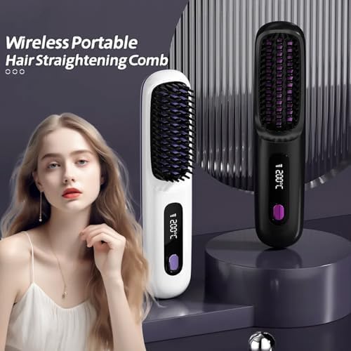 Cepillo de Alisador de Cabello Inalámbrico Portátil, Go Brush Pro Portable Cordless Hair Straightener Brush, Mini Cepillos con Calefacción de Cabello Recargable Eléctrico con Pantalla LED (Azul)