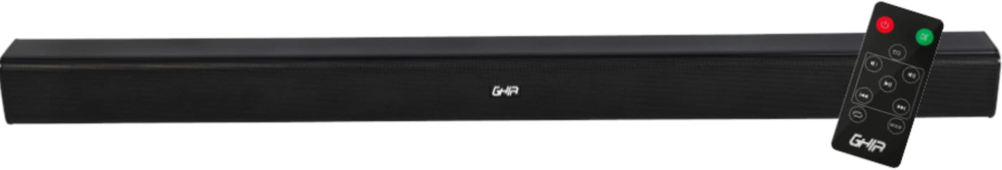 GHIA Barra de Sonido GSB-012. Audio de 2.0 Canales, Potencia 20w RMS, Batería Recargable 2200MAh. Conexión inalámbrica, Bluetooth, USB, Radio FM, Puerto Óptico.