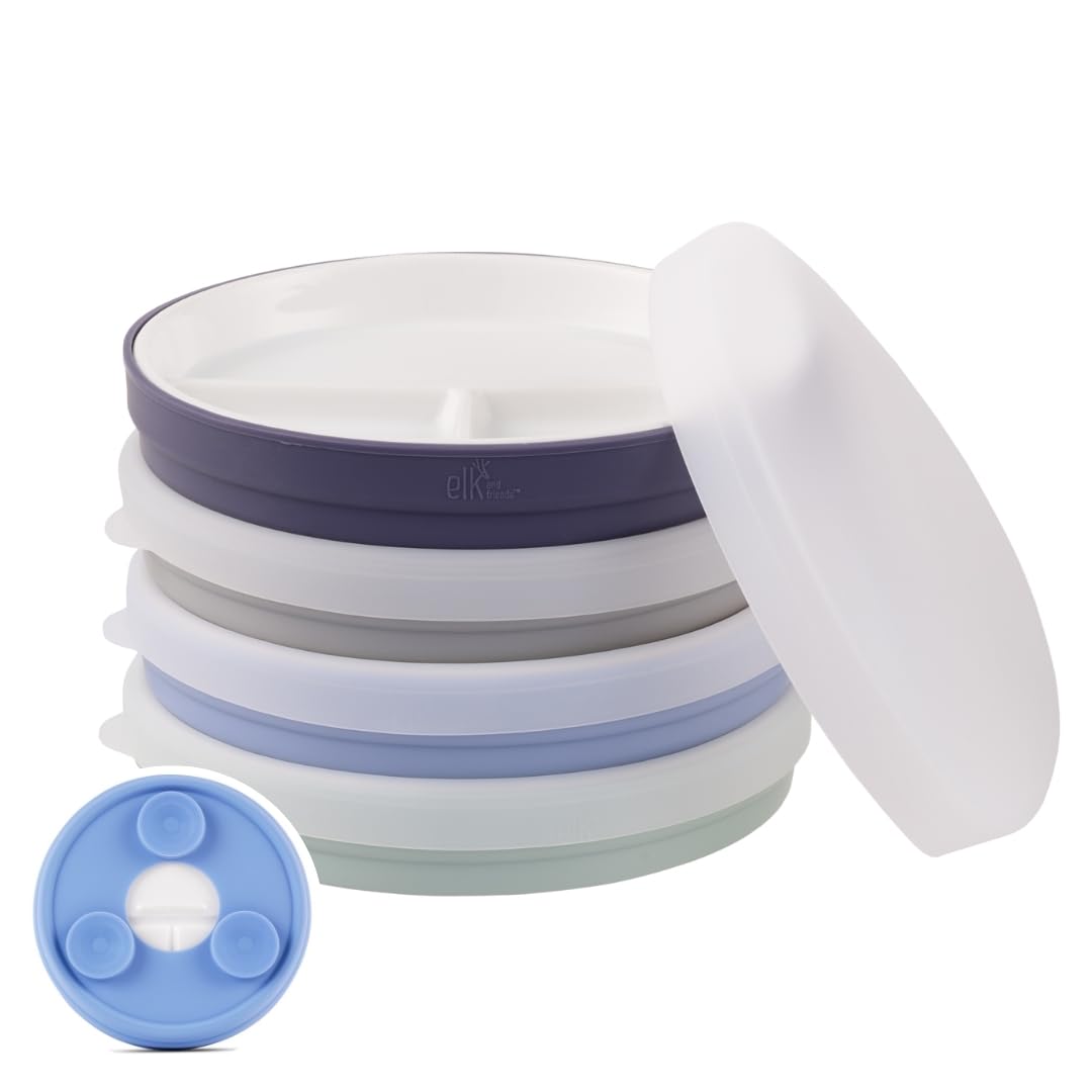 Elk and Friends Kids - Platos divididos de porcelana blanca de 6.7 pulgadas con mangas de succión de silicona + tapas, adecuados para bebés/niños pequeños, aptos para microondas y lavaplatos, vajilla