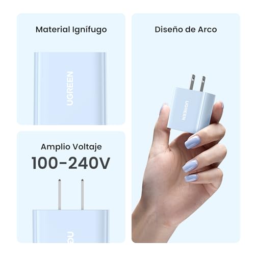 Cargador USB Tipo C UGREEN 20W Azul con Carga Rápida para iPhone y Galaxy