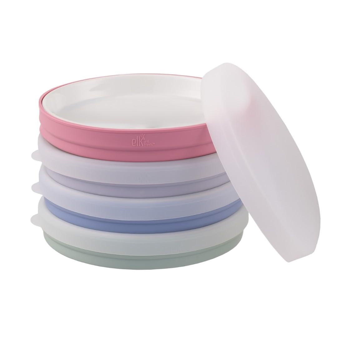 Elk and Friends Kids - Platos blancos de porcelana de 7.8 pulgadas con mangas de silicona + tapas, adecuados para bebés/niños pequeños, aptos para microondas y lavaplatos, vajilla antideslizante