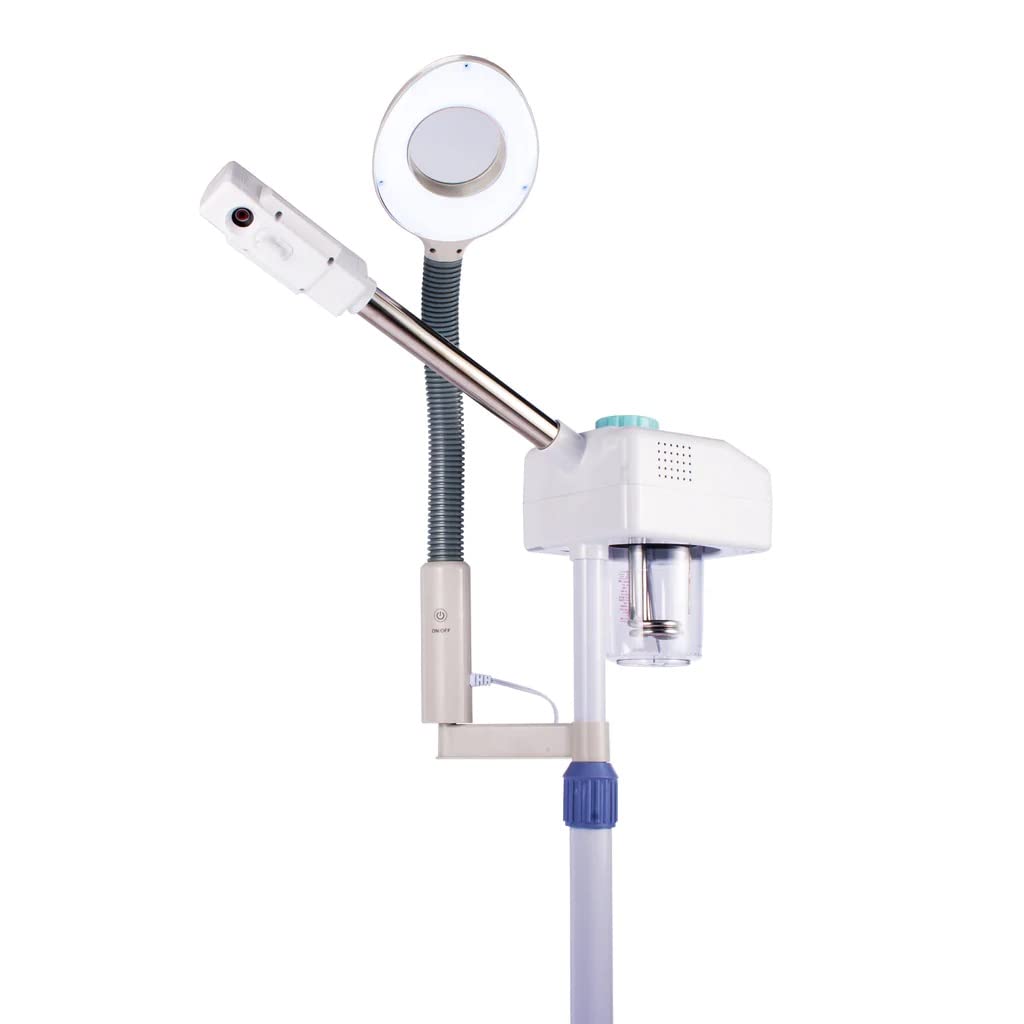 Vaporizador Generación de Ozono con Lupa y Luz Led Pedestal Facial Spa Salon de Belleza Barberia Vapor caliente abre los poros y suaviza la piel Letmex BM3058