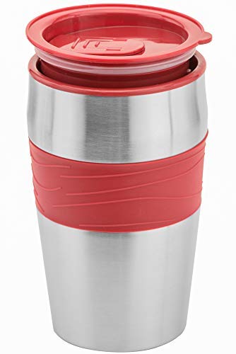 Mixpresso - Cafetera personal y taza de viaje de 14 onzas, cafetera pequeña y vaso de goteo, apagado automático y filtro reutilizable, cafetera roja compatible con posos de café