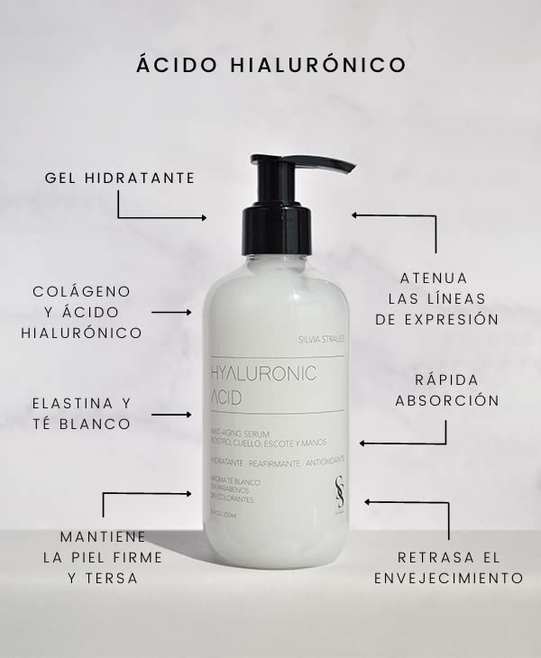 SILVIA STRAUSS Suero Facial Hyaluronic Acid Suero Gel Hidratante con Ácido Hialurónico para Rostro, Escote, Cuello y Manos, 250ml
