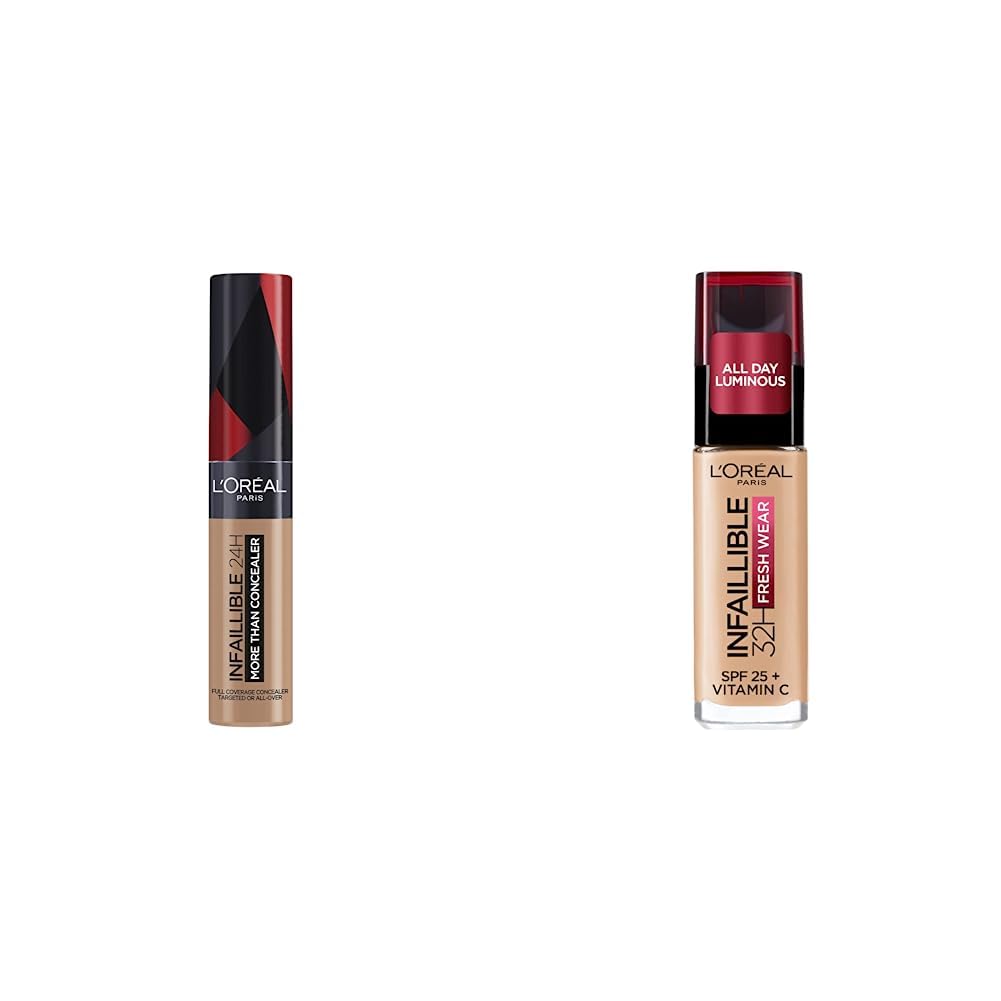 L´Oréal Paris, Corrector liquído de larga duración 24h, Infallible More than concealer,Tono 329 Cashew, 14.4ml + L´Oréal Paris, Base de maquillaje líquida de larga duración, 30ml