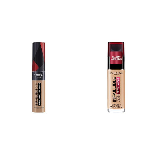 L´Oréal Paris, Corrector liquído de larga duración 24h, Infallible More than concealer,Tono 329 Cashew, 14.4ml + L´Oréal Paris, Base de maquillaje líquida de larga duración, 30ml