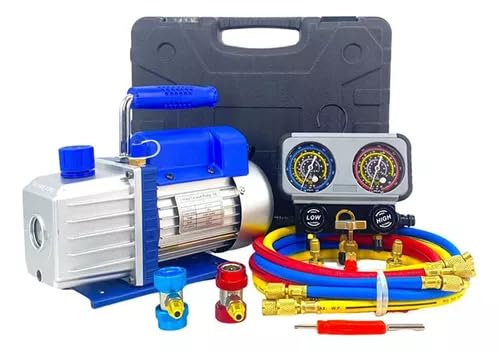 FIXITFAST 4cfm 1/3hp Bomba De Vacío + Manómetro R134a/r22/r410a/r404a Kit de refrigeración con Caja de transporte, detector de fugas para refrigeración HVAC A/C recarga y mantenimiento sin aceite