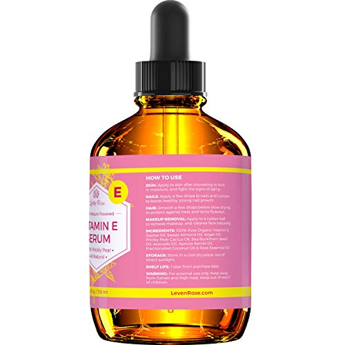 Vitamin E Jojoba Oil by Leven Rose 100% Pure Organic All Natural Face, Dry Skin & Body Moisturizer Treatment, Hair & Nail Growth Oil, Pure Makeup Remover, Acne Cleansing Oil Large 4 oz