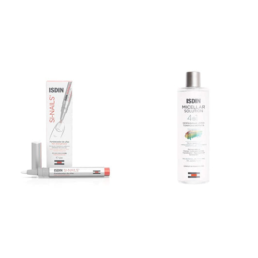 ISDIN SI-NAILS Fortalecedor con ácido hialurónico para uñas débiles y dañadas, hidrata también las cutículas, Acabado Invisible, 2.5 ml + Micellar Solution 4 en 1 Agua Micelar,400ml