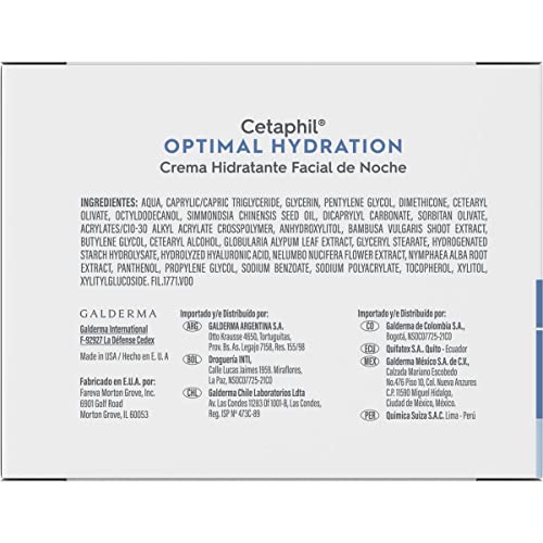 CETAPHIL Optimal Hydration Loción Hidratante Facial de Noche 1 pz 48 g Ácido Hialurónico Aumenta Hidratación 50% Recomendada por Dermatólogos para Piel Sensible