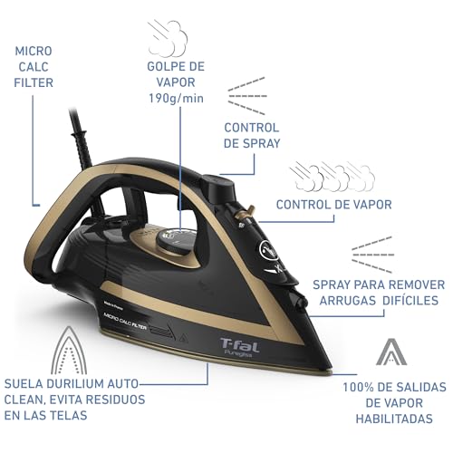 Plancha de Vapor T-fal Dorada y Negra Anti-Calc 1800 W con Apagado Automático
