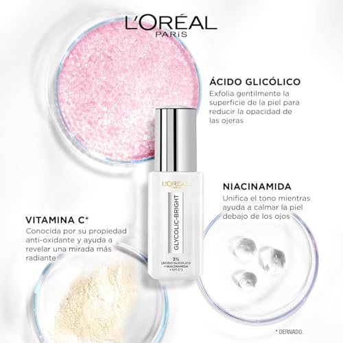 L'Oréal Paris Sérum de Ojos anti-ojeras Glycolic Bright, 30ml - con Ácido Glicólico y Niacinamida, reduce ojeras, mirada radiante en 6 días*, combate todo tipo de manchas