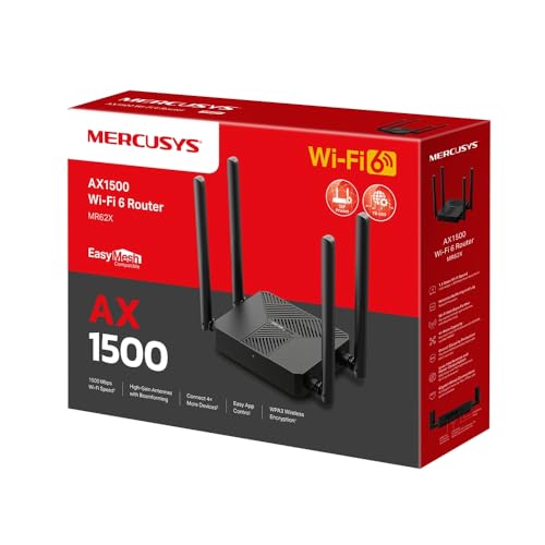 TP-Link Mercusys Router Wi-Fi 6, 802.11ax, AX1500, 3*Puertos Gigabit, 4*Antenas de Alta Ganancia, fácil configuración. MR62X