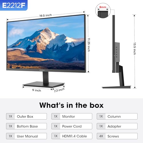 KOORUI 22 Inch Computer Monitor, FHD 1080P Desktop Display, 75HZ Ultra Thin Bezel/Eye Care/Ergonomic Tilt, HDMI VGA Ports LED Monitor for PC, VESA Mounting