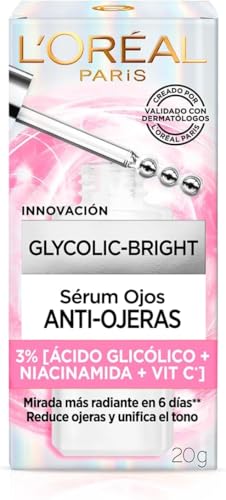 L'Oréal Paris Sérum de Ojos anti-ojeras Glycolic Bright, 30ml - con Ácido Glicólico y Niacinamida, reduce ojeras, mirada radiante en 6 días*, combate todo tipo de manchas