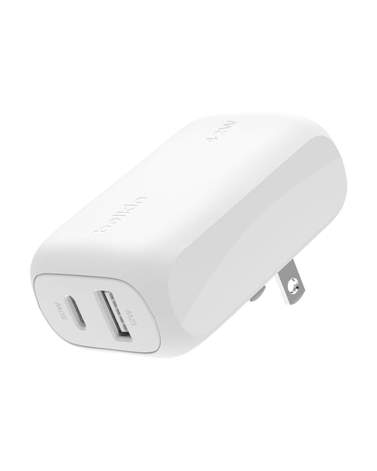 Belkin - WCB009dqWH - Cargador de Pared Dual de 42 W, USB-C +de 30W + USB-A de 12W con PD 3.0 y PPS, Blanco