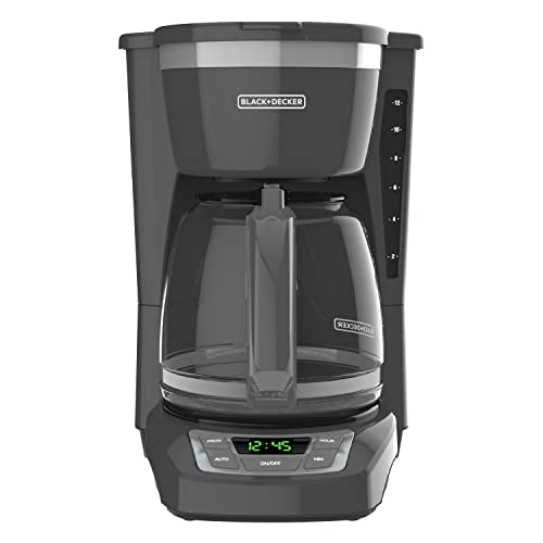 BLACK+DECKER - Cafetera digital de 12 tazas, CM1165GY, programable, filtro de cesta lavable, Sneak-A-Cup, preparación automática, ventana de agua, mantiene la placa caliente, gris