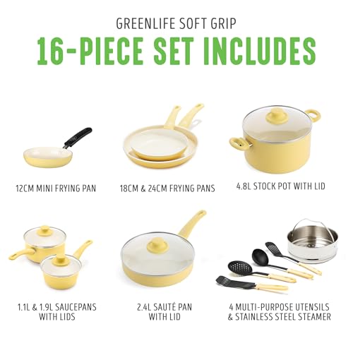 GreenLife - Juego de utensilios de cocina de agarre suave de 16 piezas, no tóxicos, sin PFAS, cerámica antiadherente, freír, salsa, saltar, utensilios, tapas de vidrio, asas que se mantienen frescas,