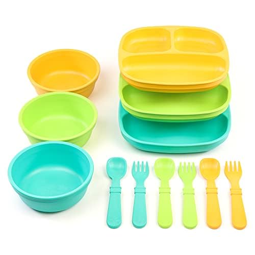 Re-Play 3 platos divididos para niños, 3 utensilios y 3 cuencos de base ancha, aptos para lavaplatos y microondas, fabricado en Estados Unidos, Aqua Asst