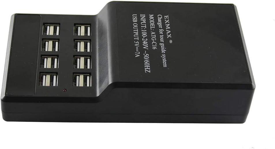 Sistema de Monitorización Auriculares Inalámbricos EXMAX ATG-100T 195-230 MHz para Interpretar en Iglesias y Conferencias con Cargador USB de 16 Puertos