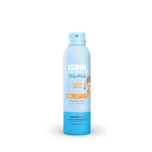 ISDIN fotoprotector lotion spray pediatrics spf 50, protector solar corporal para ninos, textura muy hidratante de absorcion inmediata para la piel del nino, 250ml