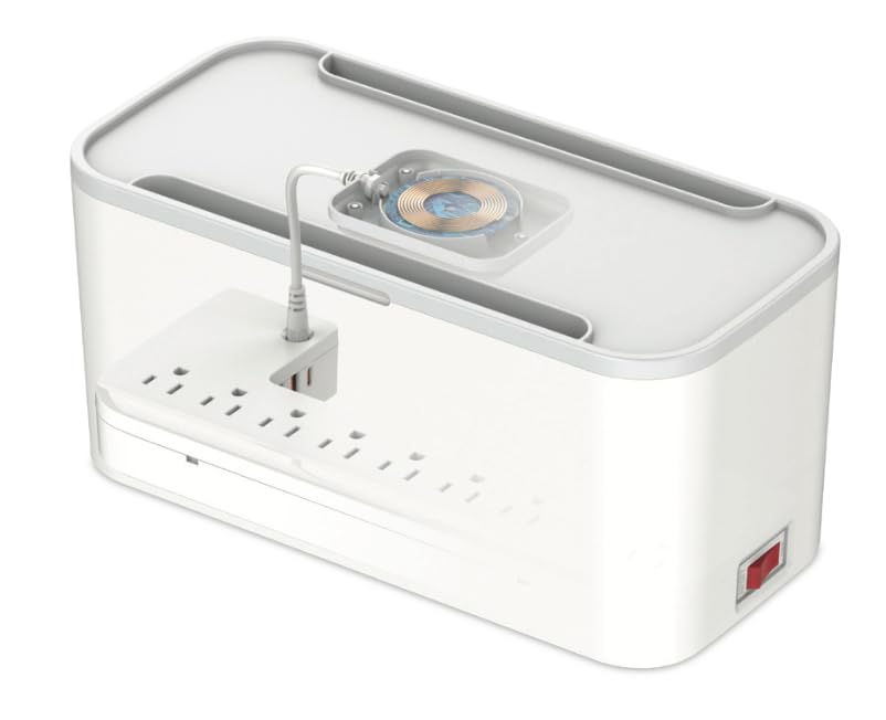 KELEK Multicontacto con 8 AC, USB-C, 2 USB-A, Cable 2m con Caja organizadora de Cables y Cargador Inalámbrico EXT-8-W1