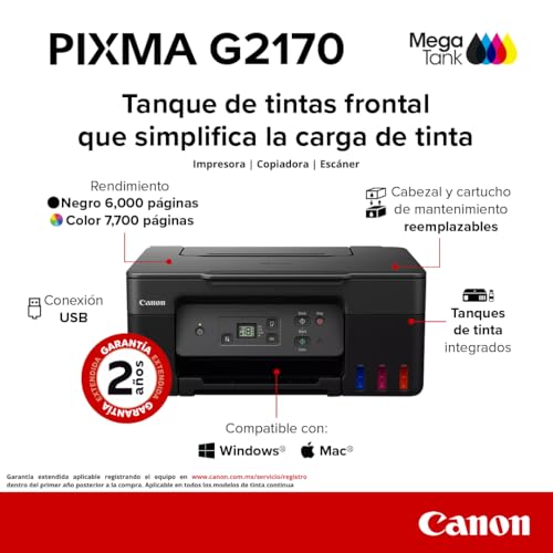 Canon Impresora Multifuncional conexión USB G2170 de Tanque de tintas Alto Rendimiento